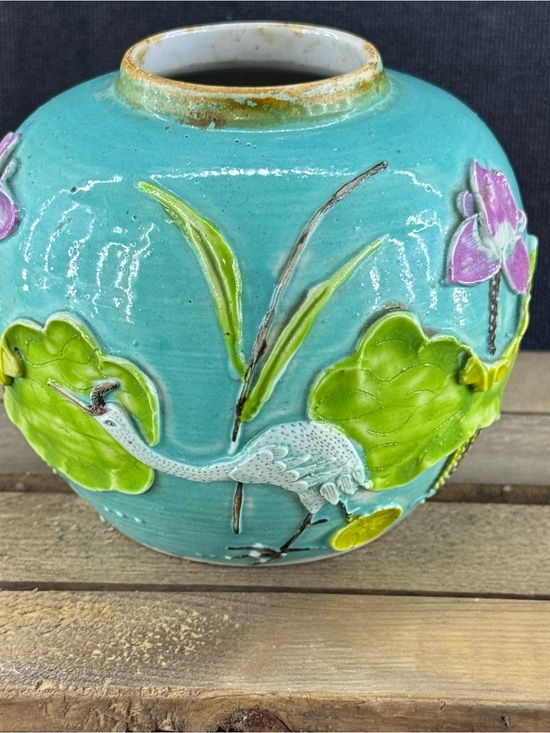 Source Unknown Other - Antique Chinese Ginger Jar Lotus & Crane Blue Vase Wang Bing Rong style no Lid